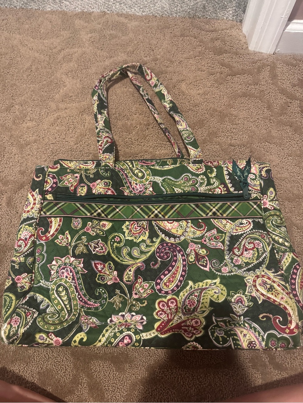 Vera Bradley Green Paisley Tote with Pink and Yellow Accents